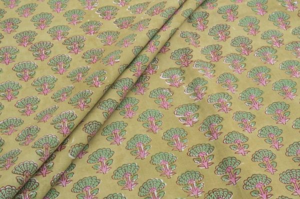 Pastel Olive Pure Soft Cotton HandBlock Printed Fabric