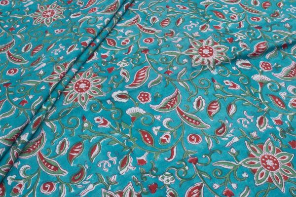 Blue Green Pure Soft Cotton HandBlock Printed Fabric