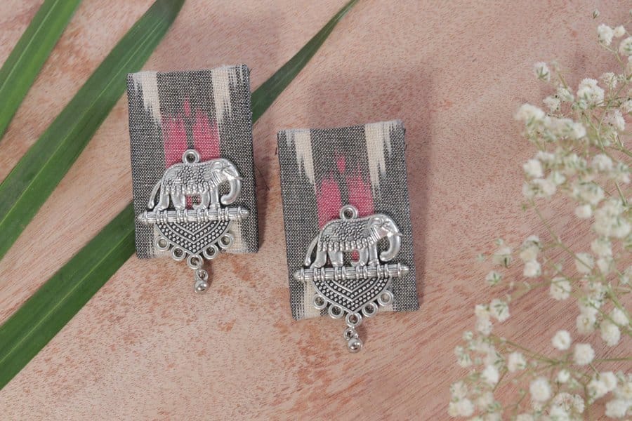 10126 Silver-finish Oxidised Jhumki Antique Look Fabric Earrings - Image 1