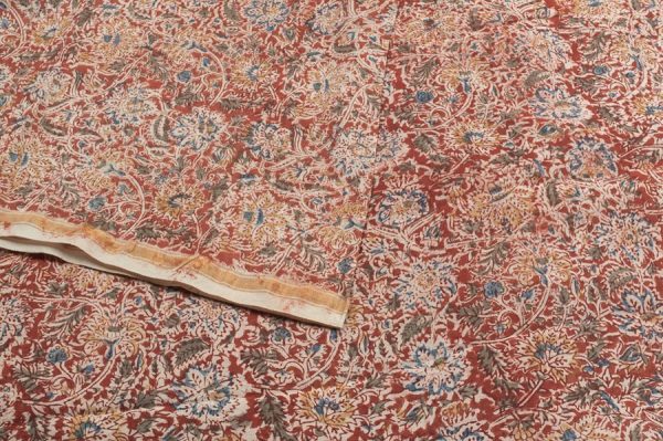 Pre-Cut 2.20m Kalamkaari Blockprinted Maheshwari Soft Silk Fabric with Zari Border