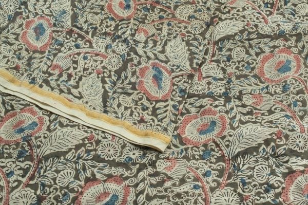 Kalamkaari Blockprinted Maheshwari Soft Silk Fabric with Zari Border