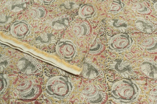 Kalamkaari Blockprinted Maheshwari Soft Silk Fabric with Zari Border