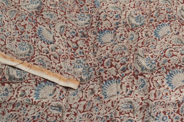 Pre-Cut 1.80m Kalamkaari Blockprinted Maheshwari Soft Silk Fabric with Zari Border