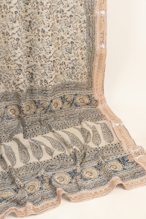 Beige Kalamkaari HandBlock Printed - Lightweight Handspun HandLoom Soft Cotton Saree