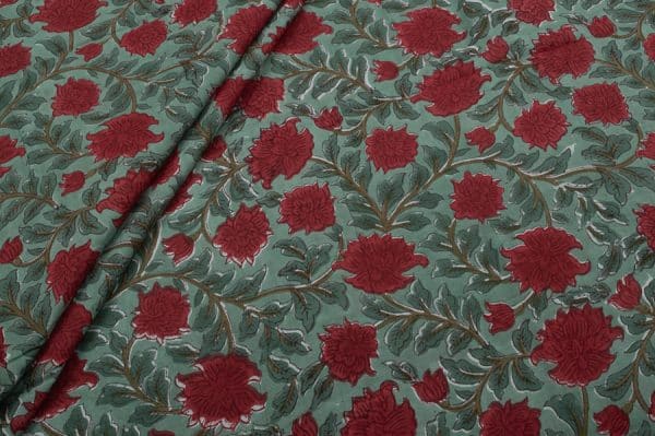 Vridian Green Floral Handblock Printed 100% Pure Soft Cotton Fabric