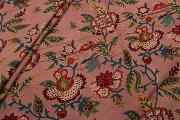Coral Pink Floral Handblock Printed 100% Pure Soft Cotton Fabric