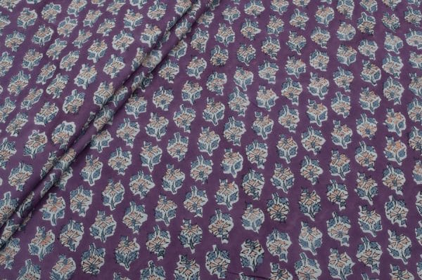 Pre-Cut 1.40m English Violet Floral Handblock Printed 100% Pure Soft Cotton Fabric