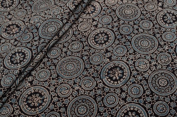 Natural Black Dye Intricate Handblock Ajrakh Printed Cotton Fabric
