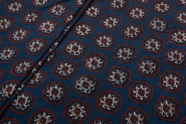Natural Blue Dye Intricate Handblock Ajrakh Printed Cotton Fabric
