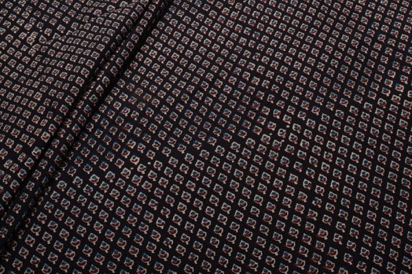 Chanderi Silk Natural Black Dye Intricate Handblock Ajrakh Printed Fabric