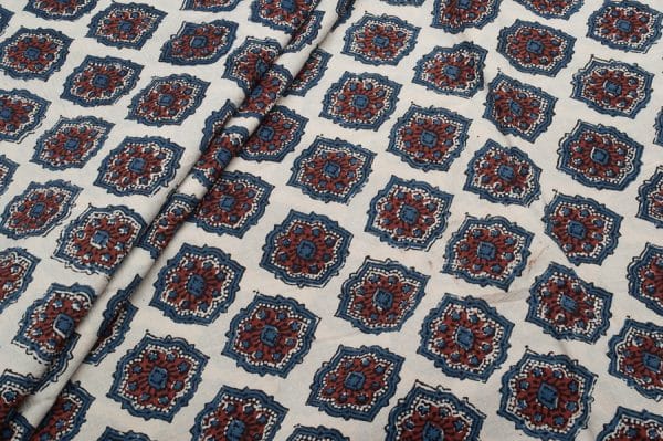 Pre-Cut 2m Natural White Intricate Handblock Ajrakh Printed Cotton Fabric
