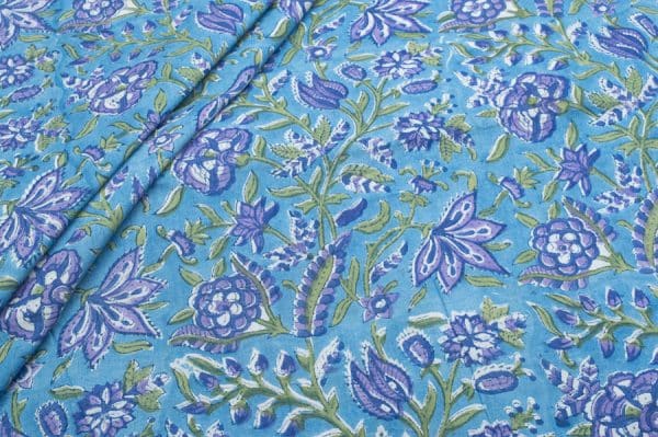 Bright Blue Floral Handblock Printed 100% Pure Soft Cotton Fabric