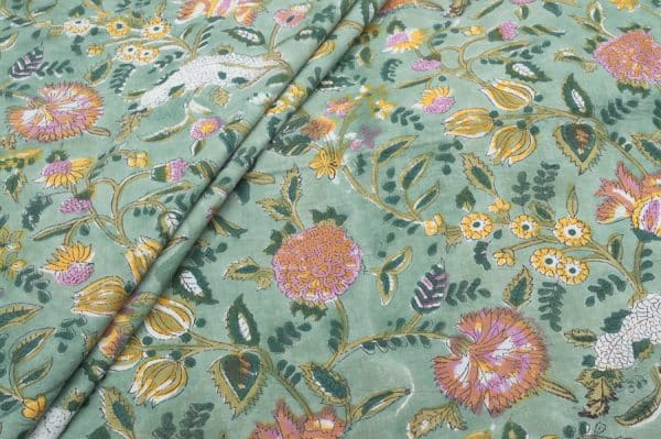 Calm Green Floral Handblock Printed 100% Pure Soft Cotton Fabric