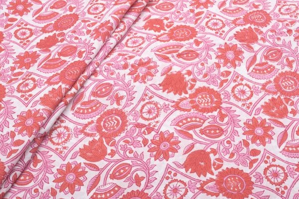Flamingo Pink Floral Handblock Printed 100% Pure Soft Cotton Fabric
