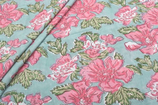 Mint Blue Floral Handblock Printed 100% Pure Soft Cotton Fabric