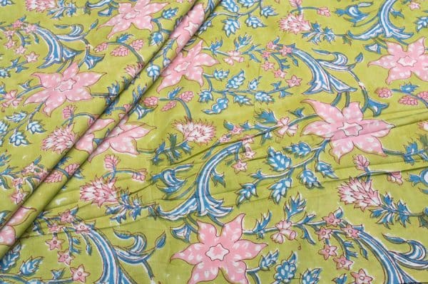 Apple Green Floral Handblock Printed 100% Pure Soft Cotton Fabric