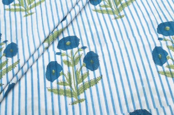 White Floral Handblock Printed 100% Pure Soft Cotton Fabric