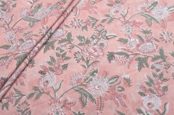 Salmon Pink Floral Handblock Printed 100% Pure Soft Cotton Fabric