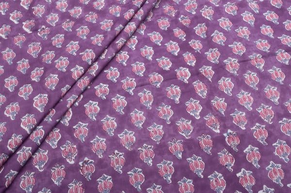 Amethyst Purple Floral Handblock Printed 100% Pure Soft Cotton Fabric