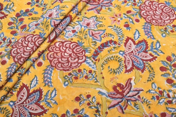 Golden Yellow Floral Handblock Printed 100% Pure Soft Cotton Fabric