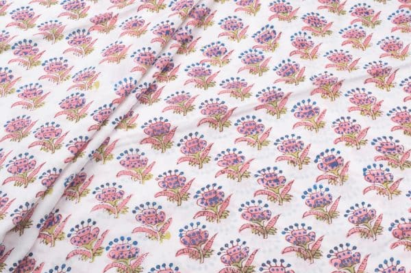 White Floral Handblock Printed 100% Pure Soft Cotton Fabric