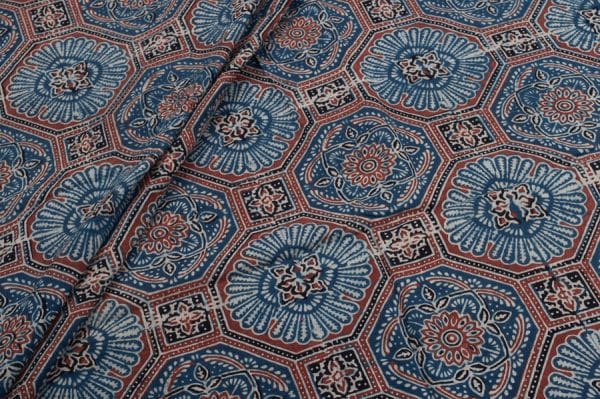 Natural Indigo Dye Intricate Handblock Ajrakh Printed Cotton Fabric