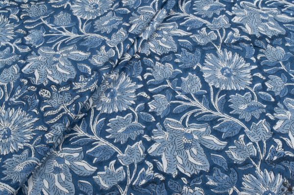 Indigo Blue Floral Handblock Printed 100% Pure Soft Cotton Fabric