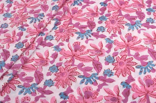 White Floral Handblock Printed 100% Pure Soft Cotton Fabric