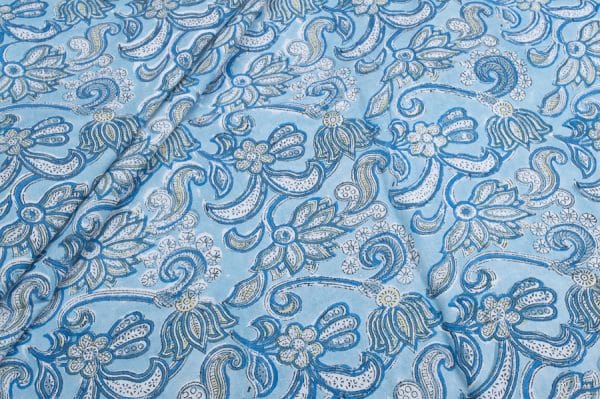 Pre-Cut 2.20m Columbia Blue Floral Handblock Printed 100% Pure Soft Cotton Fabric