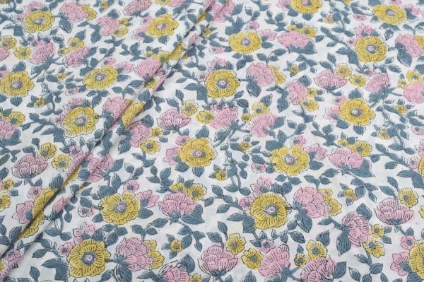 White Floral Handblock Printed 100% Pure Soft Cotton Fabric