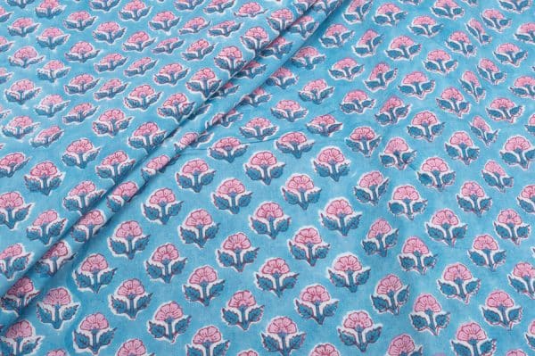 Sky Blue Floral Handblock Printed 100% Pure Soft Cotton Fabric
