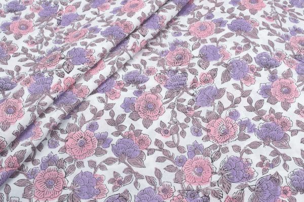 White Floral Handblock Printed 100% Pure Soft Cotton Fabric