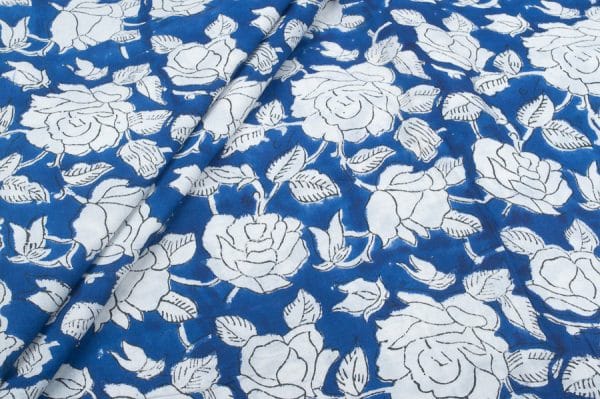 Indigo Blue Floral Handblock Printed 100% Pure Soft Cotton Fabric
