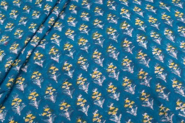 Sea Blue Floral Handblock Printed 100% Pure Soft Cotton Fabric