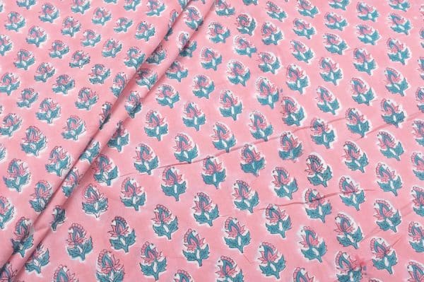 Cherry Blossom Pink Floral Handblock Printed 100% Pure Soft Cotton Fabric