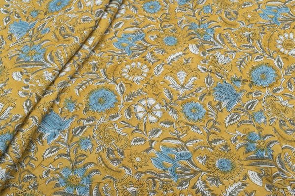 Mustard Yellow Floral Handblock Printed 100% Pure Soft Cotton Fabric