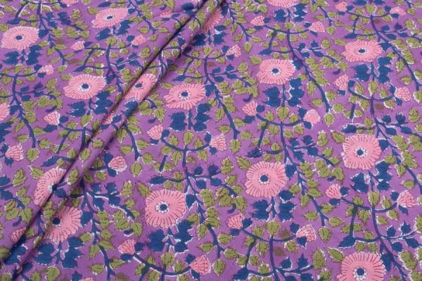 Lilac Purple Floral Handblock Printed 100% Pure Soft Cotton Fabric