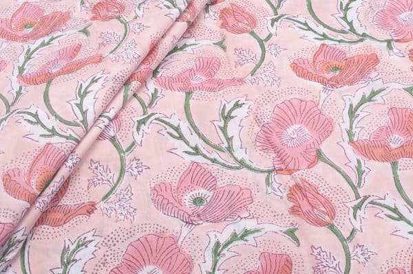 Pre-Cut 2.35m Pale Pink Floral Handblock Printed 100% Pure Soft Cotton Fabric
