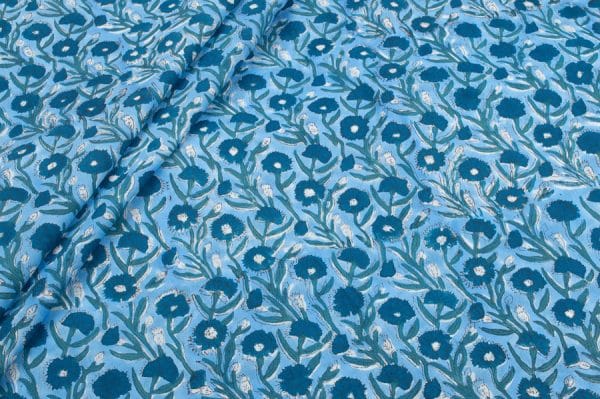 Electric Blue Floral Handblock Printed 100% Pure Soft Cotton Fabric