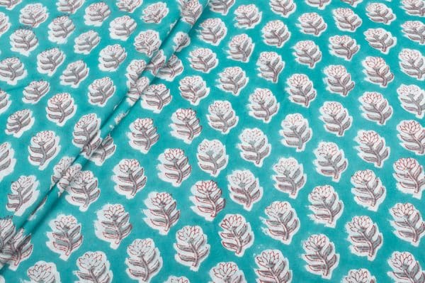 Tiffany Blue Floral Handblock Printed 100% Pure Soft Cotton Fabric