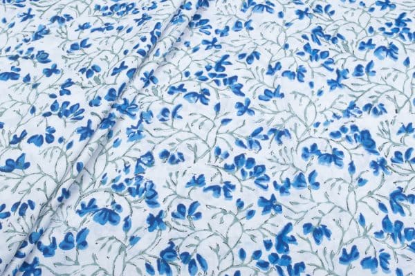 White Floral Handblock Printed 100% Pure Soft Cotton Fabric