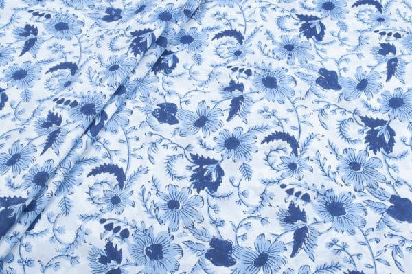 White Floral Handblock Printed 100% Pure Soft Cotton Fabric