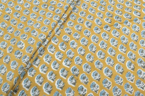 Mustard Yellow Floral Handblock Printed 100% Pure Soft Cotton Fabric