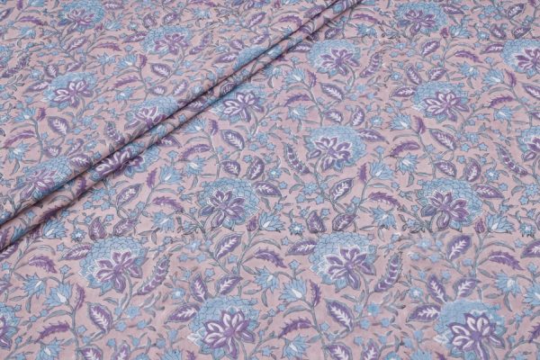 Mauve Light Purple Floral Handblock Printed 100% Pure Soft Cotton Fabric