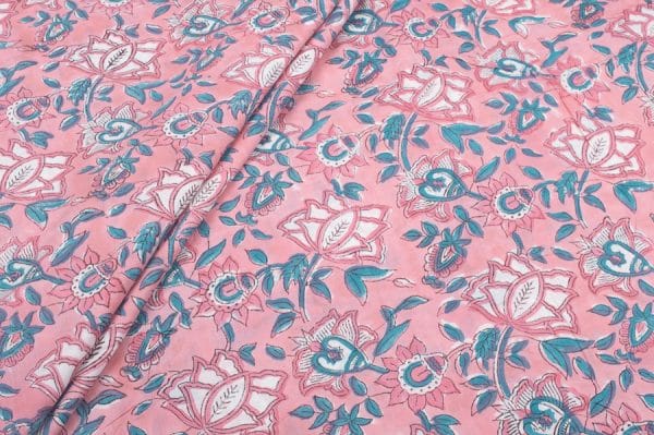 Flamingo Pink Floral Handblock Printed 100% Pure Soft Cotton Fabric