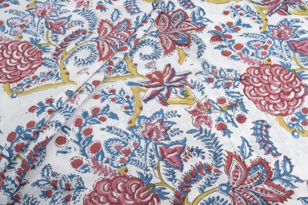 White Floral Handblock Printed 100% Pure Soft Cotton Fabric