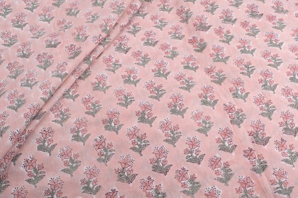 Coral Orange Floral Handblock Printed 100% Pure Soft Cotton Fabric