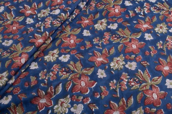 Oxford Blue Floral Handblock Printed 100% Pure Soft Cotton Fabric