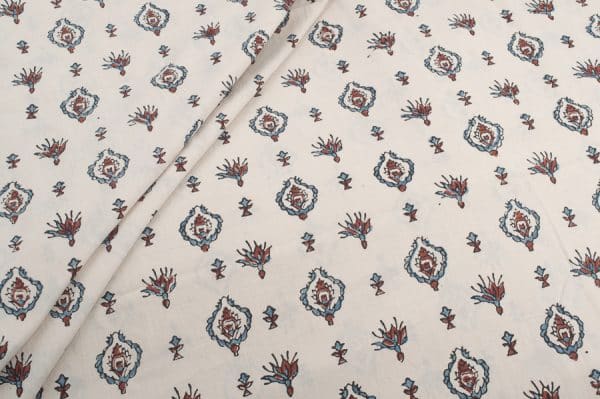 Natural White Intricate Handblock Ajrakh Printed Cotton Fabric