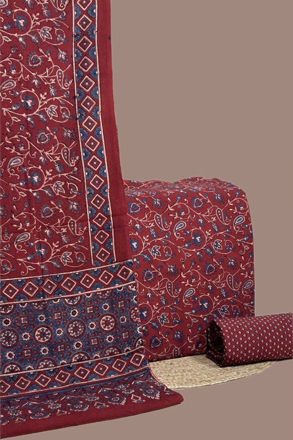 3pc Set Ajrakh Intricate HandCrafted Dupatta with Top Bottom Set